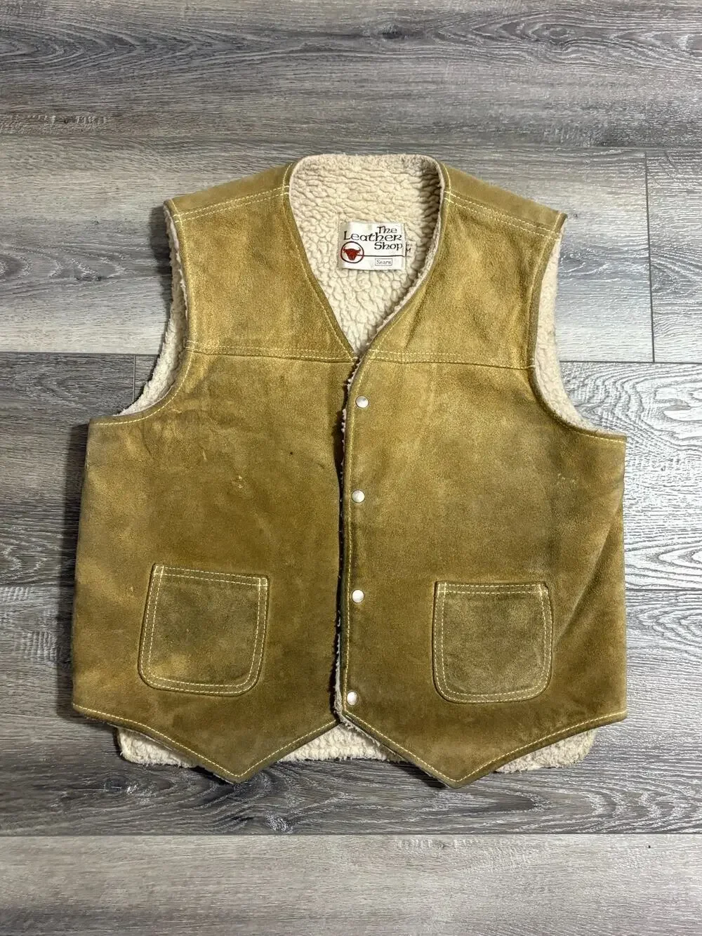 Vintage Sears The Leather Shop Sherpa Lined Tan Vest Retro - Men’s Medium